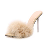 namcoverse    Transparent High Heels Sandals   Feather Woman Slippers Fur Stiletto Pointed Mules Evening Party Women Shoes Rose 41