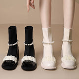 namcoverse Fashion Women Short Boots Pearl Slip-On Platform Mid Calf Boots Ladies Mary Jane Shoes Female New Autumn Casual Boots Woman