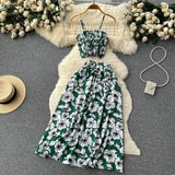 namcoverse Women Dress Set New Summer Vacation Fashion Floral Print Straps Crop Tops + Long Skirts Outfits Beach 2Pcs Suits