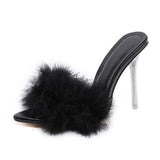 namcoverse    Transparent High Heels Sandals   Feather Woman Slippers Fur Stiletto Pointed Mules Evening Party Women Shoes Rose 41