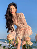 namcoverse Spring Summer Sweet Two Piece Set Sexy Backless Shirt Crop Top + Cake Skirt Suits Floral Chiffon Boho Beach Outfits  Fairy Dress  For Women