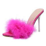 namcoverse    Transparent High Heels Sandals   Feather Woman Slippers Fur Stiletto Pointed Mules Evening Party Women Shoes Rose 41