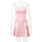 namcoverse Japanese Style Kawaii Bow 2 Piece Set Strapless Tube Tops + Mini Pleated Skirt Sexy Backless Tie Up Crop Tops Women Y2K Outfits