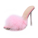 namcoverse    Transparent High Heels Sandals   Feather Woman Slippers Fur Stiletto Pointed Mules Evening Party Women Shoes Rose 41