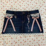 namcoverse Y2k Denim Skirt Womens Harajuku Gothic Lace Sexy Retro Blue Mini Skirt Pleated A Line Hot Girl High Waist Slim Mini Short Skirt