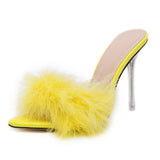 namcoverse    Transparent High Heels Sandals   Feather Woman Slippers Fur Stiletto Pointed Mules Evening Party Women Shoes Rose 41