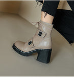 namcoverse  Autumn Winter Round Toe Women Boots Chunky Heel Shoes For Women Short Boots Belt Buckle Side Zipper High Heels Knight Boots