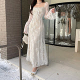 namcoverse Women's Sexy Style Double Layer Lace Square Neck Dress A-Line Dress Long Skirt Fairy Style