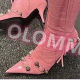 namcoverse New Women Slim High Heel Metal Buckle Chain Luxury Shoes Fashion Comfortable Pointed Toe Ankle Boots Stiletto Party Short Boots