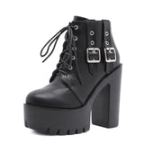 namcoverse  Winter Short Boots Women's Fashion Side Belt Buckle Front Lace-Up Platform High Heel Biker Boots Botki Damskie Jesienne