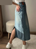 namcoverse Women Long Denim Skirts Vintage Back Slit High Waist Jean Skirt  Bodycon Maxi Blue Straight Denim Skirts For Women