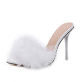 namcoverse    Transparent High Heels Sandals   Feather Woman Slippers Fur Stiletto Pointed Mules Evening Party Women Shoes Rose 41