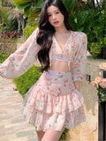 namcoverse Spring Summer Sweet Two Piece Set Sexy Backless Shirt Crop Top + Cake Skirt Suits Floral Chiffon Boho Beach Outfits  Fairy Dress  For Women