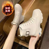 namcoverse New Women White Ankle Boot PU Leather Thick Sole Lace Up Combat Booties Female Autumn Winter Platform Shoes Rubber Cowboy Boots