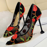 namcoverse  Summer Fashion High Heels Women's Floral Embroidered Lace   Party Stiletto High Heels Mesh Women's Shoes