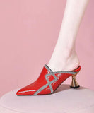 namcoverse Stylish Zircon High Heel Red Cowhide Leather Slide Sandals CZ1035