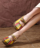 namcoverse Unique Yellow Stripe Cowhide Leather Splicing Wedge Slide Sandals SL1029