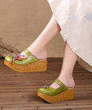 namcoverse Unique Yellow Stripe Cowhide Leather Splicing Wedge Slide Sandals SL1029