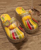 namcoverse Unique Yellow Stripe Cowhide Leather Splicing Wedge Slide Sandals SL1029