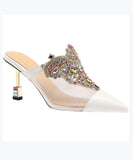 namcoverse White High Heel Zircon Tulle Comfy Splicing Slide Sandals CZ1051