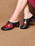 namcoverse Women Leather Vintage Flower Spliced Slippers