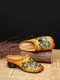 namcoverse Women Leather Vintage Flower Spliced Slippers