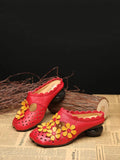 namcoverse Women Leather Vintage Flower Spliced Slippers