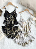 2 Sets Luxurious Floral Print Satin Pajama Set - Elegant V Neck & Backless Crop Cami Top with Flirty Ruffle Hem Shorts - Feminine Womens Sleepwear for Dreamy Nights