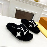 Wool integrated women slippers with soft plush open toe fur slippers fuzzy and fluffy home shoes indoor outdoor slippers