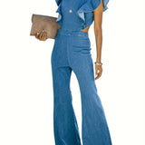 Women's Casual Flare Jeans Jumpsuit With Ruffle Sleeves, Full-Length Plain Backless Denim Overalls Dungarees