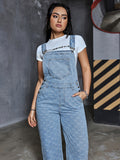 Women's Fashion Denim Overalls With Heart & Argyle Pattern, Comfortable Preppy Style, Versatile Washed Jean Jumpsuit With Pockets for autumn