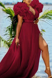 namcoverse Solid Color Mesh Tiered Sleeve Feminine High Split Maxi Dress