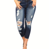 Stretchy High Waist Skinny Jeans for Women - Soft Cotton Blend, Ripped and Distressed Details, Solid Color, Casual Style, Perfect for Spring and Fall Seasons