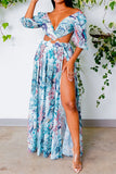 namcoverse Floral Print Pretty Cutout Waist High Split Maxi Dress