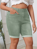 Plus Size Womens High Stretch Solid Green Bermuda Denim Shorts - Roll Up Hem, Slash Pockets, Comfortable and Breathable for Spring/Summer - Casual Wear for Outdoor Activities