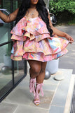 namcoverse Abstract Print Sweet Tiered Ruffle Mini Dress