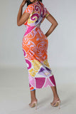 namcoverse Tribal Print Feminine Draped High Split Midi Dress