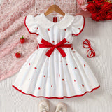 Adorable Girls Strawberry Pattern Sleeveless Doll Collar Ruffle Hem Dress with Belt - Casual Summer Outfit for Machine Washable Woven Fabric - Easy Care and Regular Fit