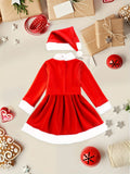 Regular Fit Girls' Christmas Dress Set with Polyester Non-Stretch Striped Fabric, Santa Hat, Woven Party Outfit for Kids