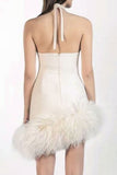 namcoverse Rhinestone Trim Cross Halter Glamorous Feather Hem Mini Dress