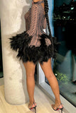 namcoverse Rhinestone Hot Feather Trim See-Through Mini Dress