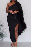 namcoverse Solid Color Feather Trim Romantic Asymmetric Midi Dress