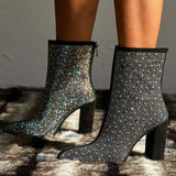 namcoverse Rhinestone Glittery Pointed Toe Block Boots