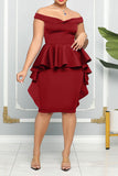 namcoverse Solid Color Commuting Peplum Ruffle Midi Dress