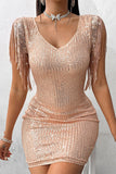 namcoverse Solid Color Sequined Sparkly Tassel Sleeve Mini Dress