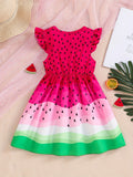 Girls Sweet Watermelon Print Ruffle Sleeve A-line Dress - Playful Vacation Casual Wear, Perfect Summer Gift for Little Fashionistas