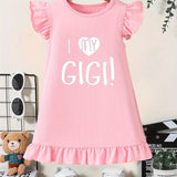 Cotton Girls Summer Cartoon Dress - Adorable Ruffle Sleeve, Loose Fit, Machine Washable, Knit Fabric, Versatile Round Neck, Cute I Love My GIGI Print - Perfect for Casual Outings