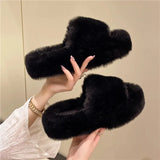 Fur Slippers Winter Platform Fluffy Slippers Furry Sabot Hairy Plush Women House Home Flat Cozy Fuzzy Indoor Shoes Casual 240830