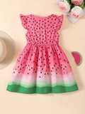 Girls Sweet Watermelon Print Ruffle Sleeve A-line Dress - Playful Vacation Casual Wear, Perfect Summer Gift for Little Fashionistas