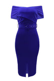 namcoverse Solid Color Elegant Off Shoulder Belted Midi Dress